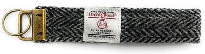 Harris Tweed Wool Fabric Keyring With Metal Fob Grey Herringbone