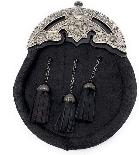 Men's Full Dress Black Antique Thistle Mantle Kilt Sporran & Chain Belt