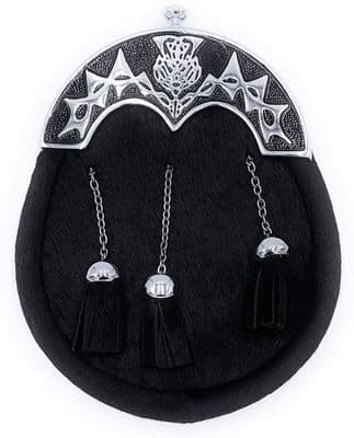 Men's Full Dress Black Thistle Design Kilt Sporran & Chain Belt