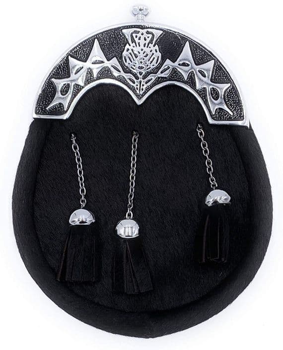 Men's Full Dress Black Thistle Design Kilt Sporran & Chain Belt