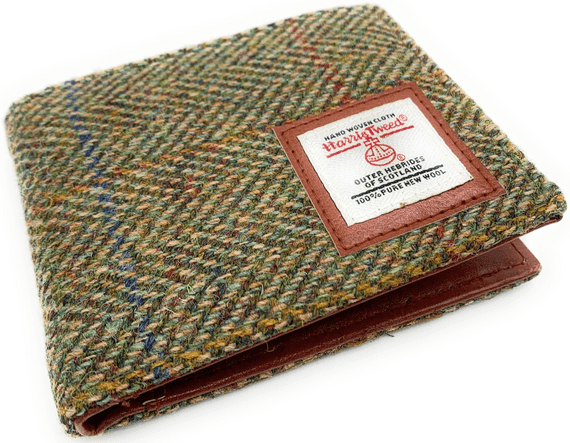 Men's Harris Tweed Bifold Wallet Green Herringbone