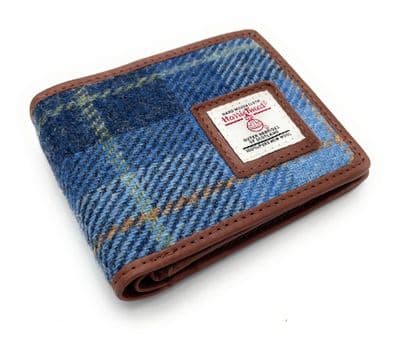 Men's Harris Tweed Blue Check Real Leather Trifold Wallet Purse