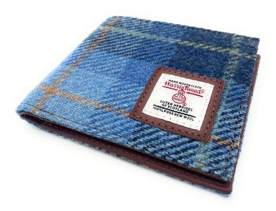 Men's Harris Tweed Leather Bifold Wallet Purse Blue Check