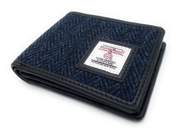 Men's Harris Tweed Trifold Wallet Navy Herringbone Real Leather