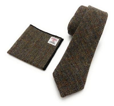 Mens Harris Tweed Brown Herringbone Necktie & Pocket Square Gift Set Hand Made in the UK