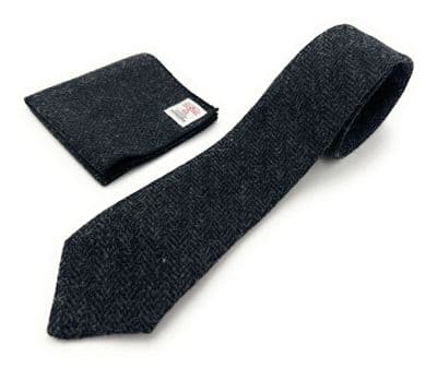 Mens Harris Tweed Charcoal Herringbone Necktie & Pocket Square British Made