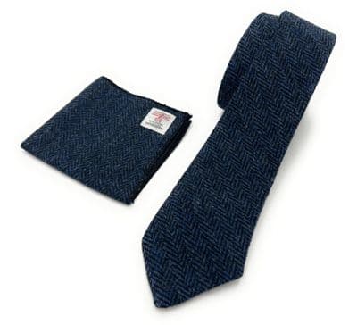 Mens Harris Tweed Navy Herringbone Necktie & Pocket Square Gift Set Hand Made in the UK