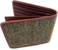 Mens Harris Tweed Real Leather Trifold Wallet Green Herringbone