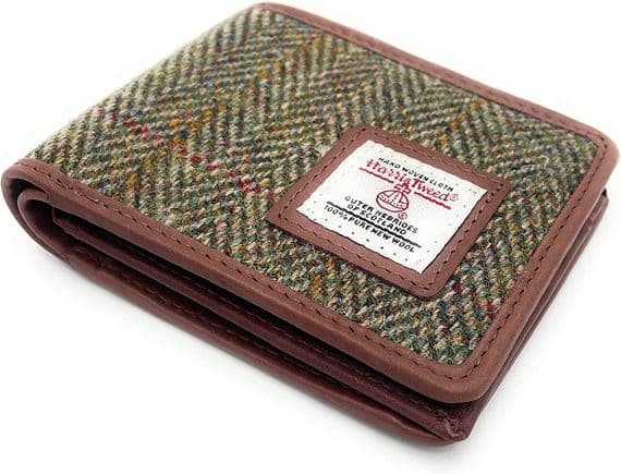Mens Harris Tweed Real Leather Trifold Wallet Green Herringbone