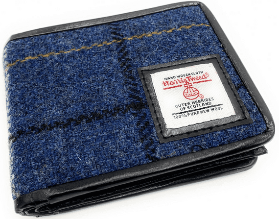 Mens Harris Tweed Trifold Wallet Blue Overcheck