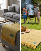 Mustard Grey Herringbone 100% Wool Large Blanket Throw