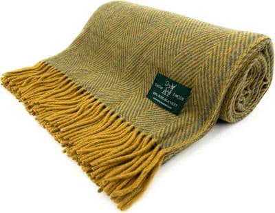 Mustard Grey Herringbone 100% Wool Large Blanket Throw