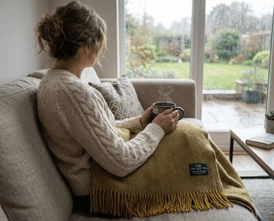 Mustard Grey Herringbone 100% Wool Large Blanket Throw