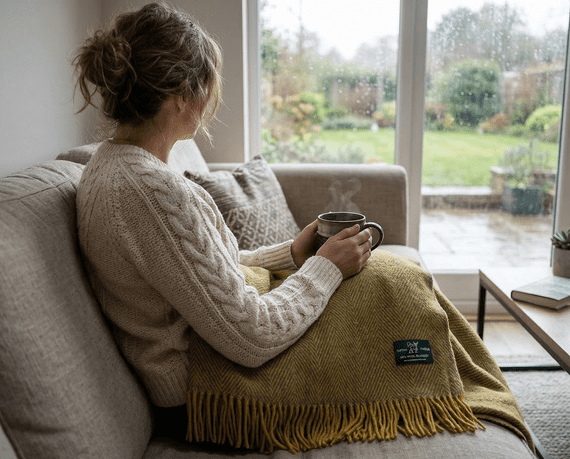 Mustard Grey Herringbone 100% Wool Large Blanket Throw