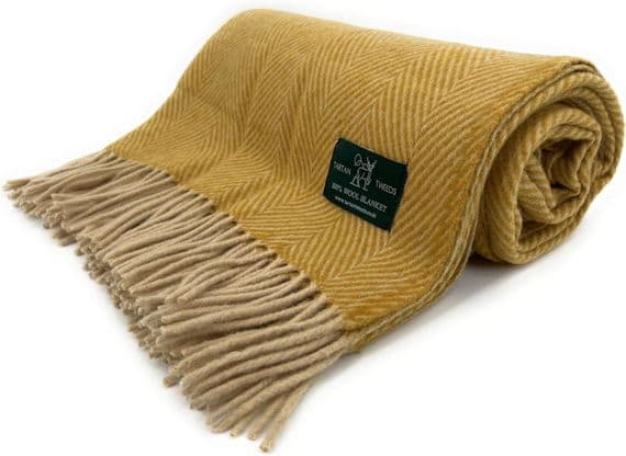 Mustard Herringbone 100% Wool Large Blanket Throw