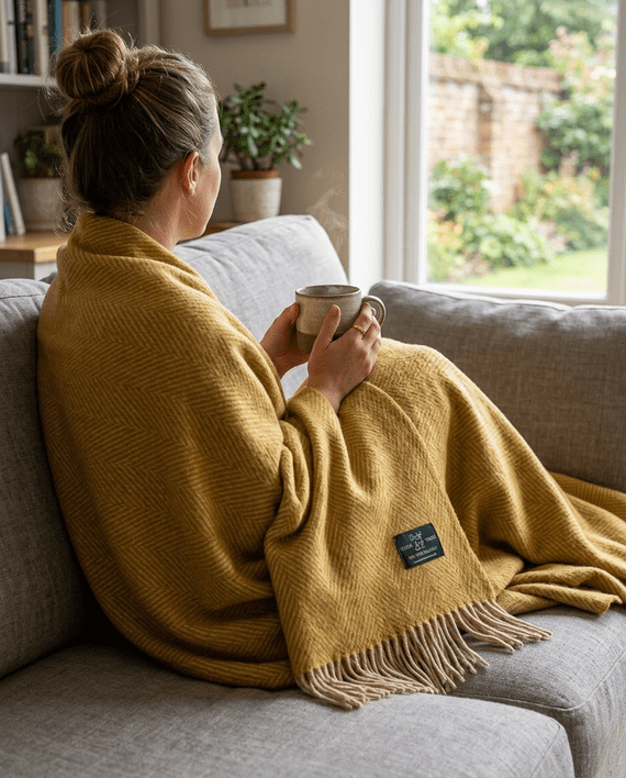 Mustard Herringbone 100% Wool Large Blanket Throw