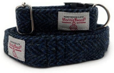 Navy Herringbone Harris Tweed Dog Collar And Lead Set
