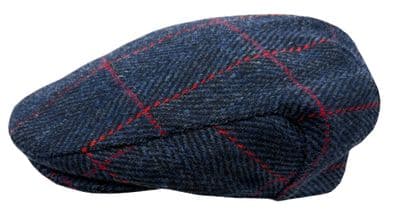 Navy Herringbone Red Overcheck Harris Tweed Flat Cap Made in Scotland  S-XXL