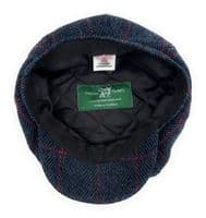 Navy Herringbone Red Overcheck Harris Tweed  Newsboy Cap Made in Scotland S-XXL