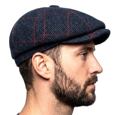 Navy Herringbone Red Overcheck Harris Tweed  Newsboy Cap Made in Scotland S-XXL