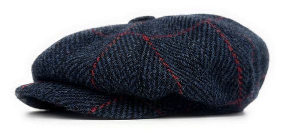 Navy Herringbone Red Overcheck Harris Tweed  Newsboy Cap Made in Scotland S-XXL