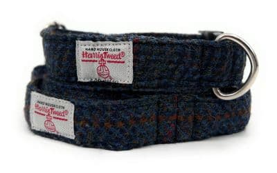 Navy Houndstooth Check Harris Tweed Dog Collar And Lead Set
