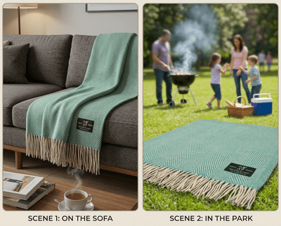 Sea Green Herringbone 100% Wool Large Blanket Throw