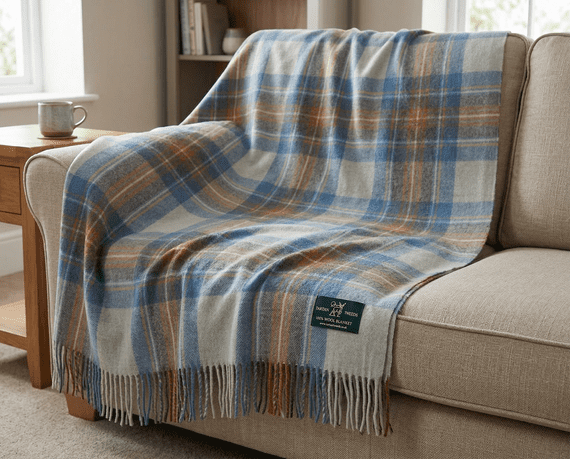 Stewart Muted Blue New Wool Large Tartan Blanket Throw Rug