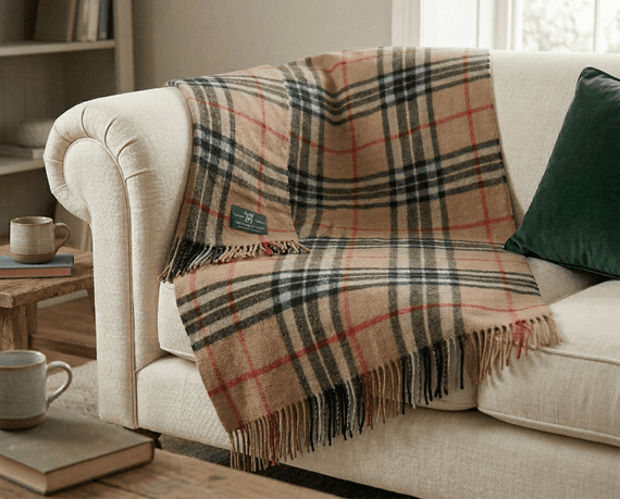 Thomson Camel New Wool Large Tartan Travel Blanket Throw Rug
