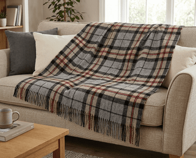 Thomson Grey New Wool Large Tartan Blanket Throw Rug