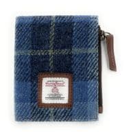 Women's Harris Tweed Blue Check Real Leather Bifold Wallet, Card Holder with Zipper Coin Purse