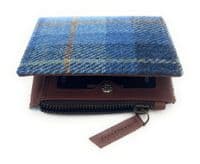 Women's Harris Tweed Blue Check Real Leather Bifold Wallet, Card Holder with Zipper Coin Purse