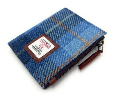 Women's Harris Tweed Blue Check Real Leather Bifold Wallet, Card Holder with Zipper Coin Purse