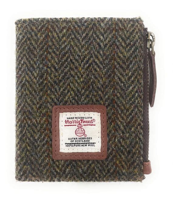 Women's Harris Tweed Brown Herringbone Real Leather Bifold Wallet, Card Holder & Zipper Coin Purse