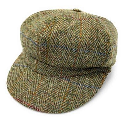 Women's Harris Tweed Green Herringbone Baker Boy Cap One Size 56 cm - 61 cm