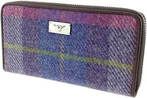 Women's Purple/ Pink Tartan Harris Tweed Large Zip Purse 10.5 cm x 19.5 cm x 3 cm (1)