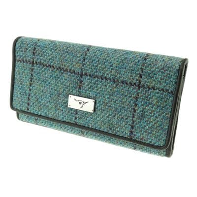 Women's Turquoise Step Weave Harris Tweed Flap-over Long Wallet Purse Check