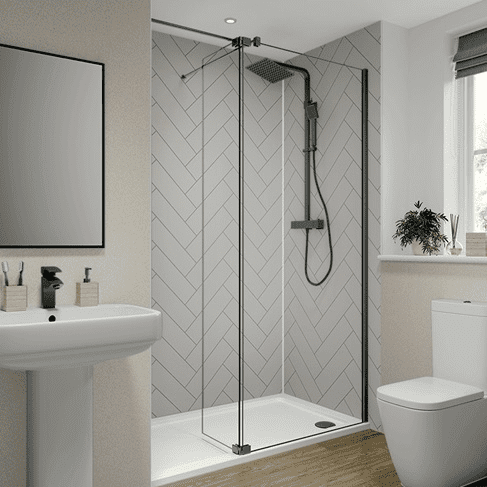 Alpine White Herringbone Tile Bathroom and Shower Panel
