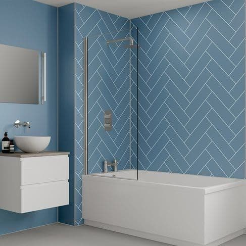 Misty Blue Herringbone Tile Bathroom and Shower Panel