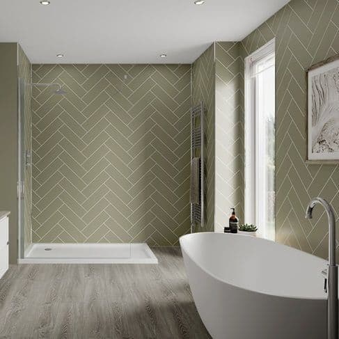 Sage Green Herringbone Tile Bathroom and Shower Panel