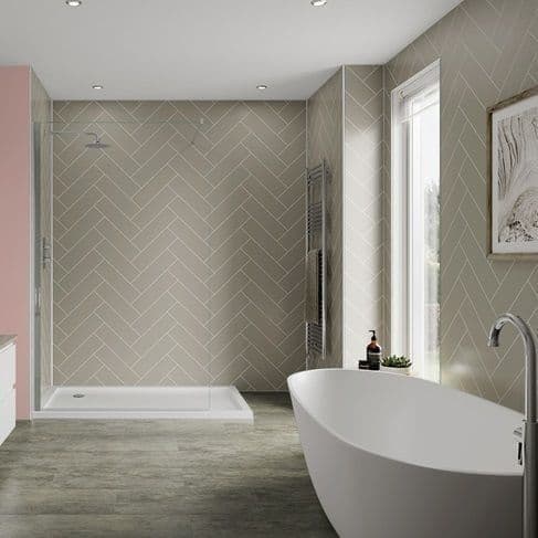 Taupe Grey Herringbone Tile Bathroom and Shower Panel
