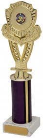 Multisport Gold Trophy with Purple Tubing on White Marble Base