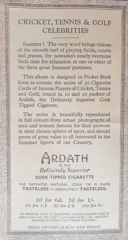 "Cricket, Tennis & Golf Celebrities" Ardath (1935 50 of 50)