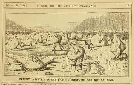 "PATENT INFLATED SAFETY SKATING COSTUME" Punch Cartoon (1891, Jan 10th)