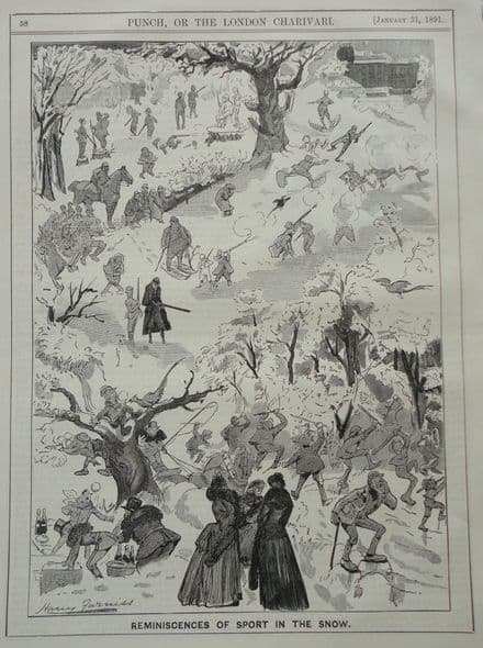 "REMINISCENCES OF SPORT IN THE SNOW" Punch Cartoon (1891, Jan 31)