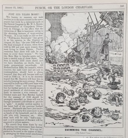 "SWIMMING THE CHANNEL" Punch Cartoon (1905 Aug 23rd)