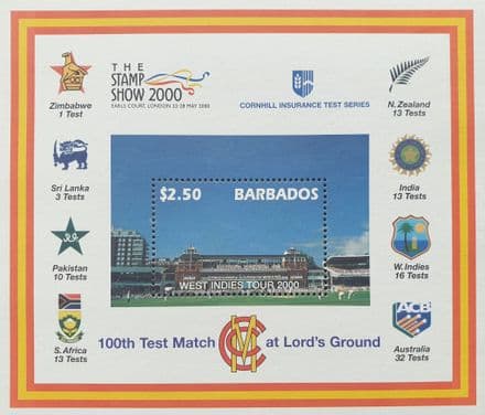 100th Test Match at Lord's Ground (2000) Barbados Commemorative Stamp Sheet
