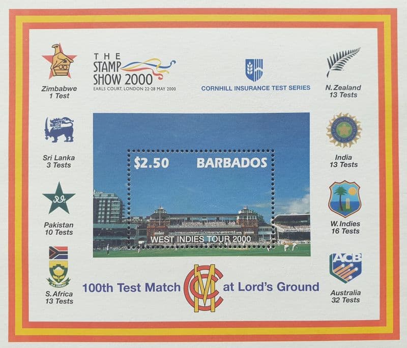 100th Test Match at Lord's Ground (2000) Barbados Commemorative Stamp Sheet