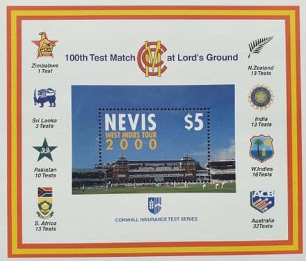 100th Test Match at Lord's Ground (2000) Nevis Commemorative Stamp Sheet