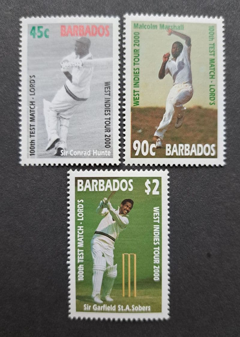 100th Test Match at Lord's Ground, Stamps x3 (2000) Barbados